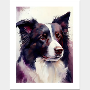 A Black and White Border Collie Watercolor Portrait Posters and Art